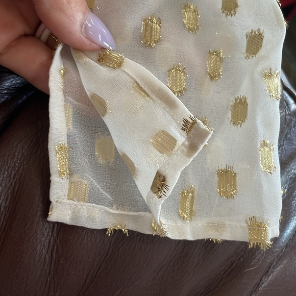 Leith Shirred V-Neck Women's M Long Sleeve Blouse Ivory Gold Metallic Cropped - Picture 10 of 12